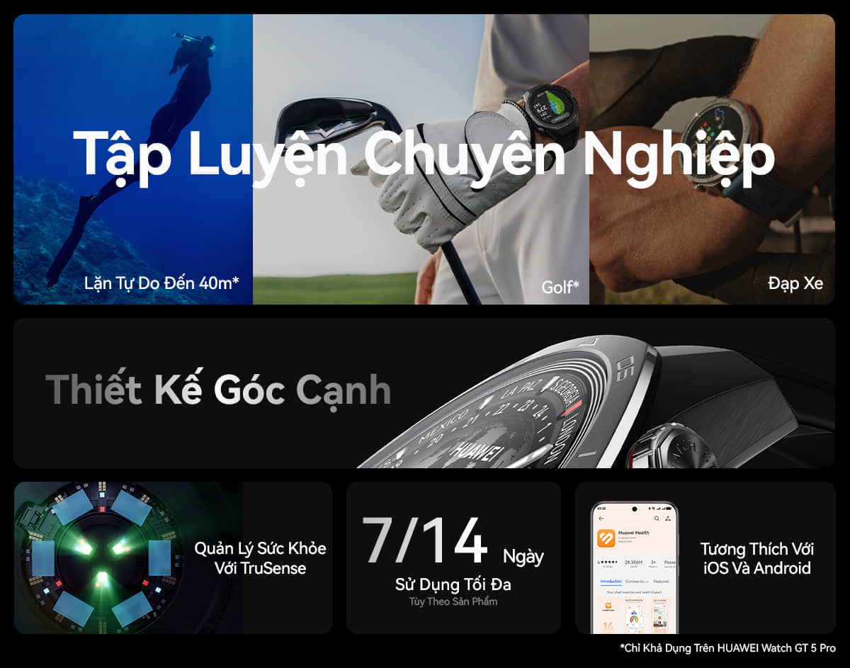 Mô tả Đồng Hồ Thông Minh HUAWEI WATCH GT5 Series Tính Năng Chạy Bộ Và Đạp Xe Mới | Thiết Kế Góc Cạnh | Thời Lượng 2 Tuần - 1
