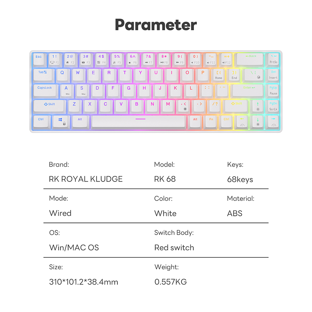 Mô tả Bàn phím có dây RK Royal Kludge RK68 RGB White 68 phím - 9