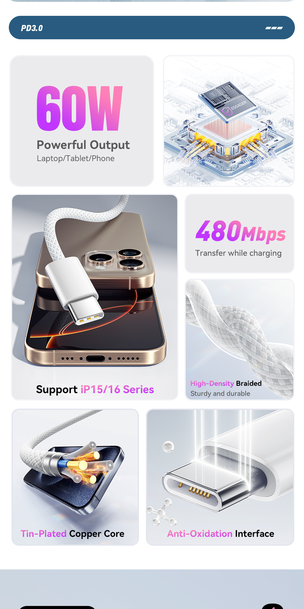 Mô tả Essager Type C 60W Type-C Cáp dữ liệu sạc nhanh Type C cho huawei Infinix ip16 15 - 2