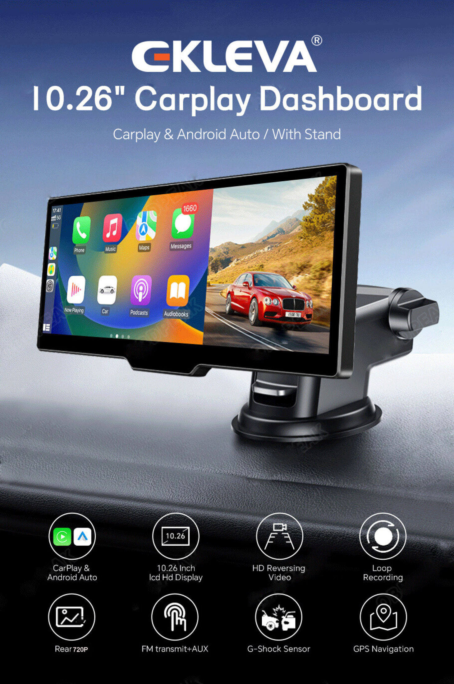 Mô tả Ekleva 10.26 Inch Dash Cam Di Động Màn Hình Carplay Không Dây HD Phía Sau Camera lùi Xe DVR MP5 Đa Phương Tiện Video Player Android Auto - 2