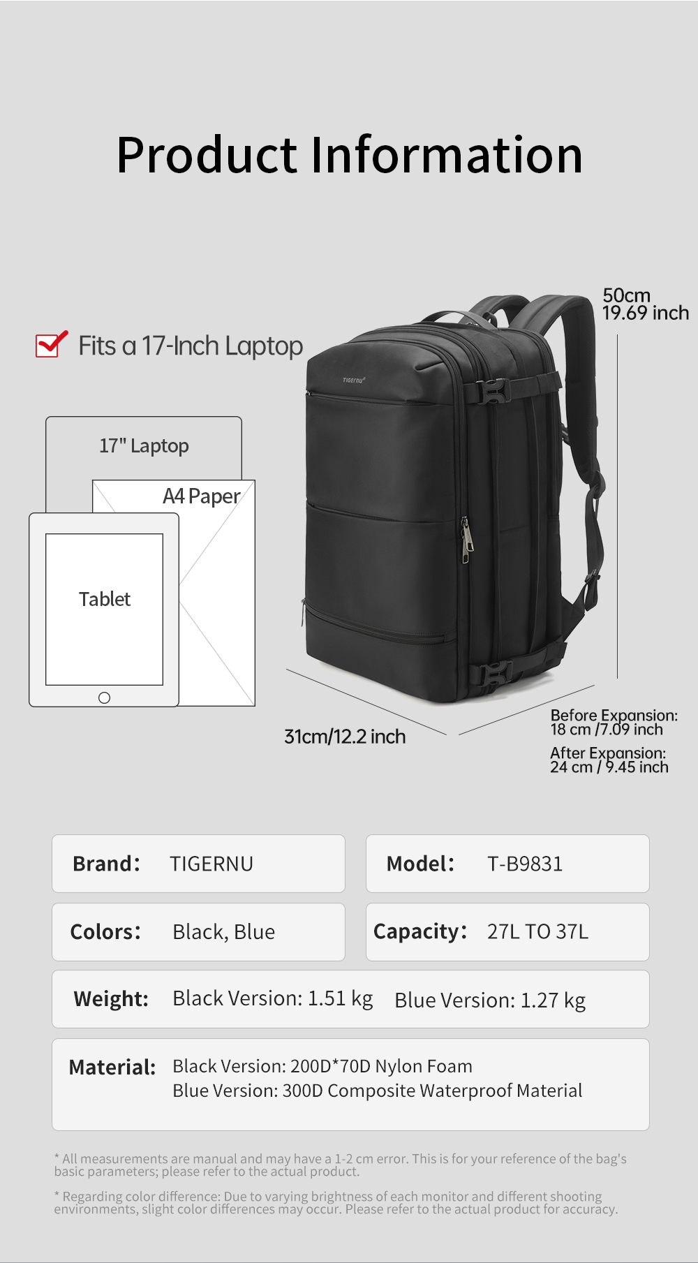 Mô tả Tigernu 9831 Ba lô dung tích lớn có thể mở rộng Cổng USB Túi du lịch chống thấm nước Phù hợp với máy tính xách tay 17 inch - 5