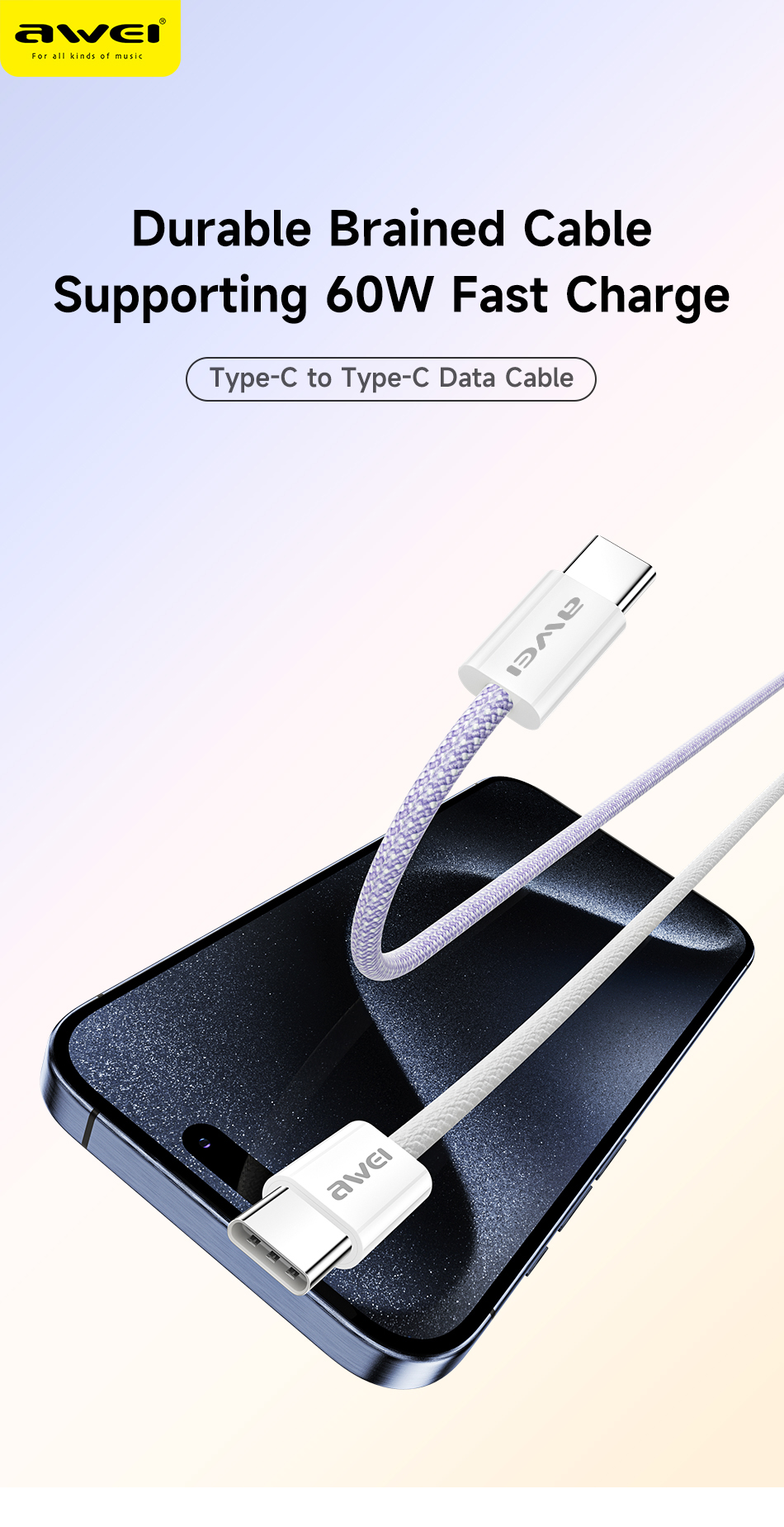 Mô tả Cáp sạc type c Awei sạc nhanh 60W C to C Dây bện nylon 1M An Toàn Ổn Định cho điện thoại - 1