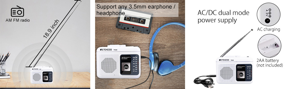 Mô tả Đài radio RETEKESS TR606 AM FM hỗ trợ ghi âm với giắc tai nghe 3.5mm và ăng ten dài - 8