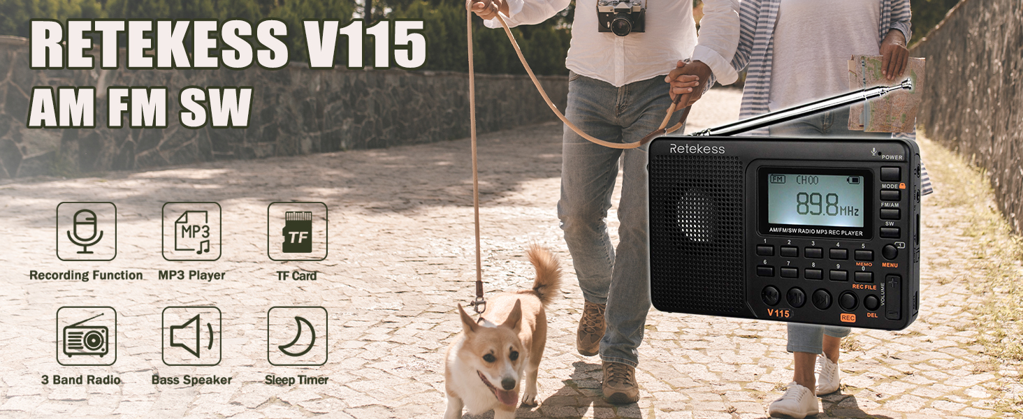 Mô tả Radio RETEKESS V115 Fm sóng ngắn nghe nhạc Mp3 ghi âm kỹ thuật số hỗ trợ thẻ Micro Sd Tf với chức năng hẹn giờ ngủ - 1