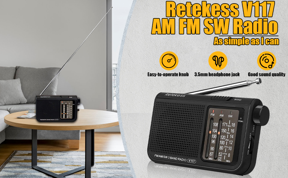 Mô tả Radio cầm tay RETEKESS V117 FM AM SW tích hợp nút điều chỉnh màu đen cho người lớn tuổi - 1