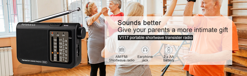 Mô tả Radio cầm tay RETEKESS V117 FM AM SW tích hợp nút điều chỉnh màu đen cho người lớn tuổi - 2