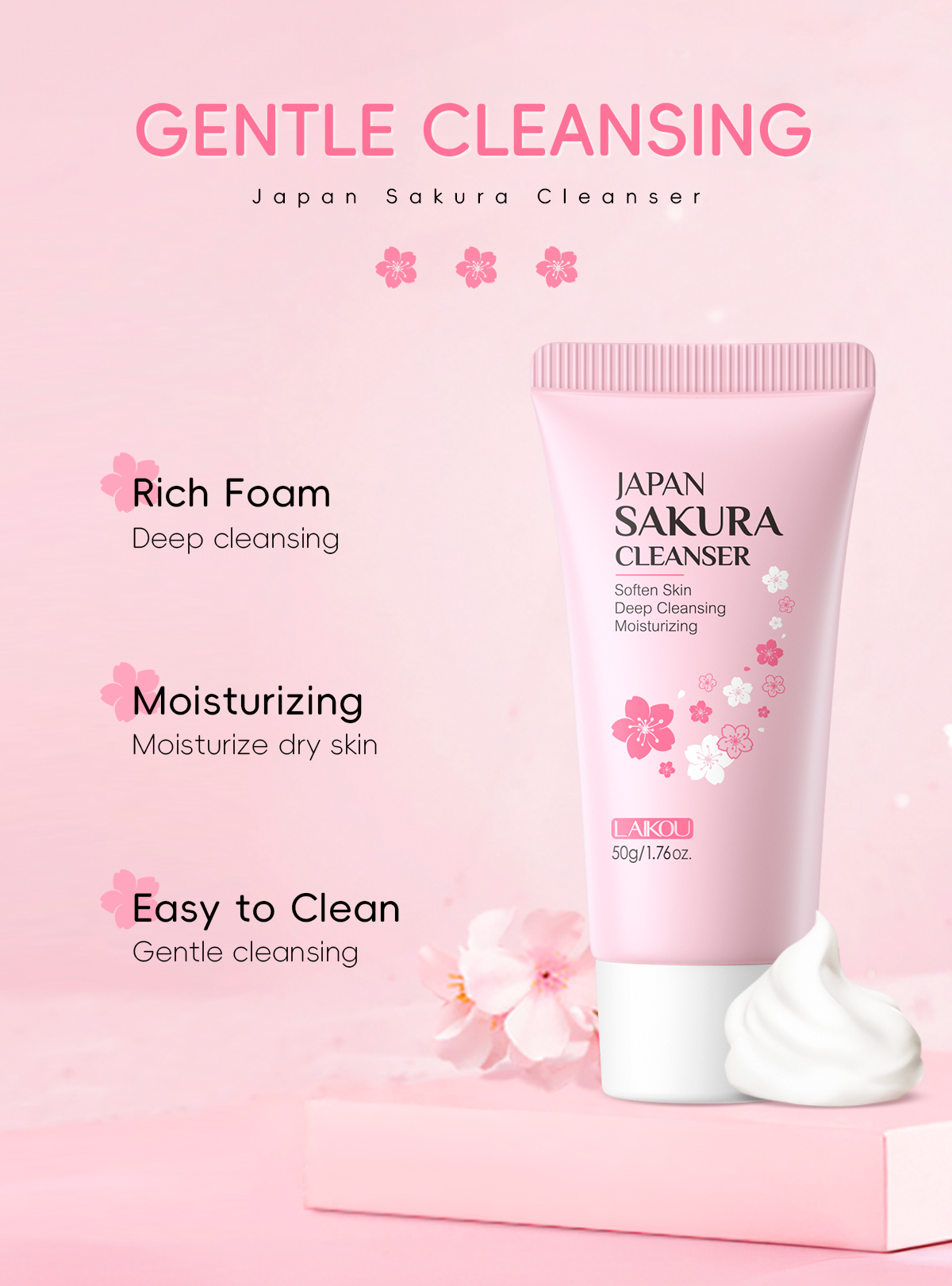 Mô tả Sữa rửa mặt LAIKOU hoa anh đào Nhật Bản kiềm dầu làm sạch mụn đầu đen thu nhỏ lỗ chân lông chuyên dụng 50g - 9