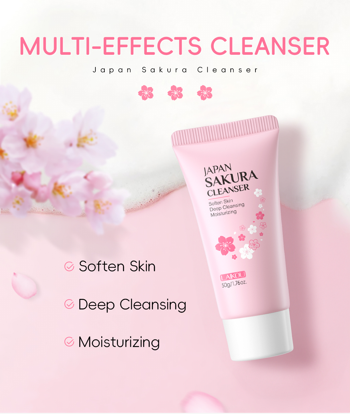 Mô tả Sữa rửa mặt LAIKOU hoa anh đào Nhật Bản kiềm dầu làm sạch mụn đầu đen thu nhỏ lỗ chân lông chuyên dụng 50g - 2