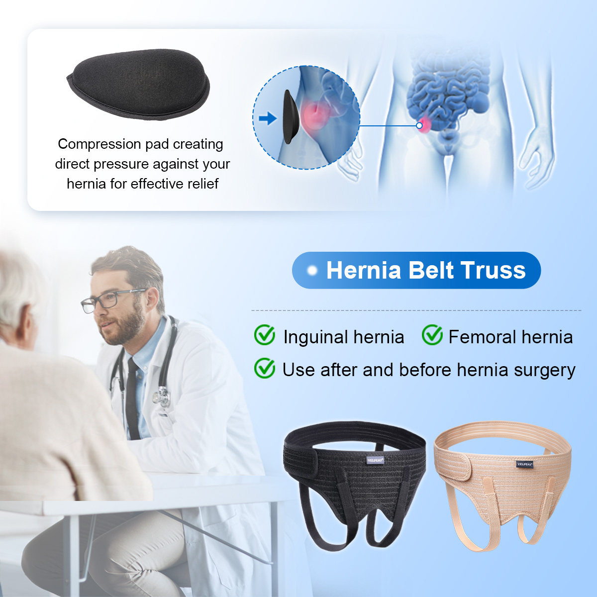 Mô tả Đai đeo phục hồi VELPEAU cải thiện tình trạng thoát vị hỗ trợ thể thao có 2 miếng đệm nén tháo rời được chuyên dụng - 1