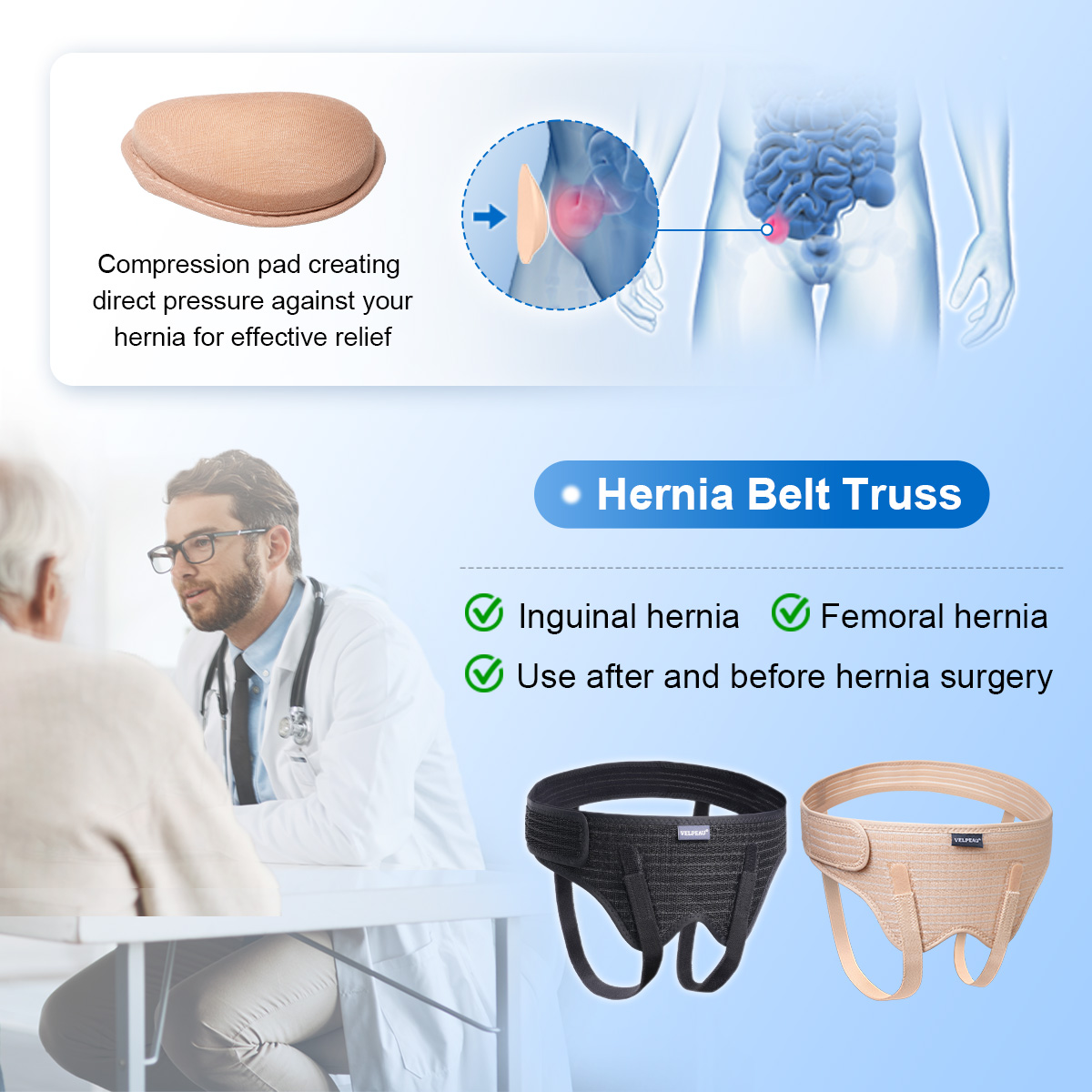 Mô tả Đai Giảm Đau VELPEAU Hernia Kèm 2 Miếng Đệm Nén Có Thể Tháo Rời - 1