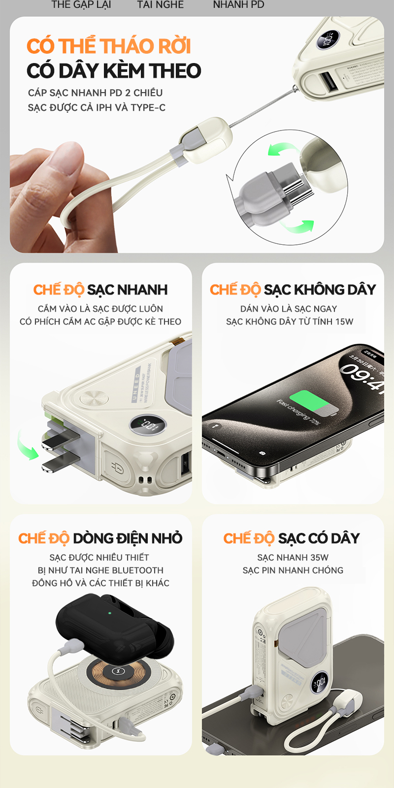 【CCC Mark】UNEED Sạc Dự Phòng 30.000/20.000mAh PD35W Sạc Không Dây Pin Dự Phòng Sạc Nhanh, Cục Dựng Phòng Đầu AC – ảnh mô tả chi tiết 3