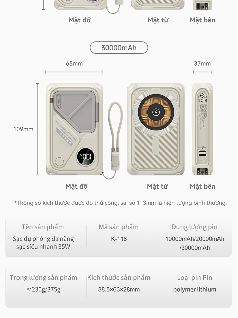 【CCC Mark】UNEED Sạc Dự Phòng 30.000/20.000mAh PD35W Sạc Không Dây Pin Dự Phòng Sạc Nhanh, Cục Dựng Phòng Đầu AC – ảnh mô tả chi tiết 7