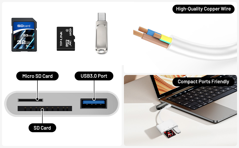 Đầu đọc thẻ SD cho điện thoại, USB-C / Light-ning Đầu đọc thẻ SD đầu đọc thẻ SD 3 trong 1 cho thẻ SD / Micro SD – ảnh mô tả chi tiết 2