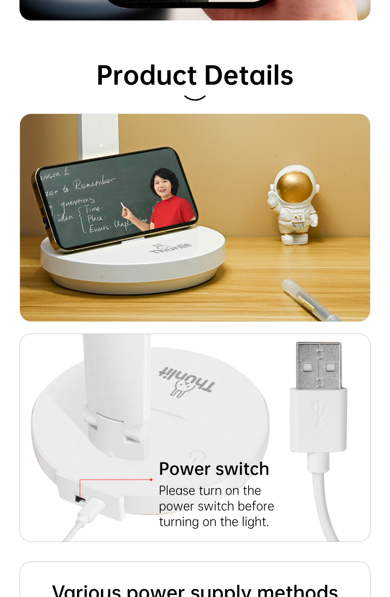 Mô tả Đèn học Thunlit 7W có thể điều chỉnh độ sáng, cảm ứng chăm sóc mắt, đèn bàn LED cắm USB - 10