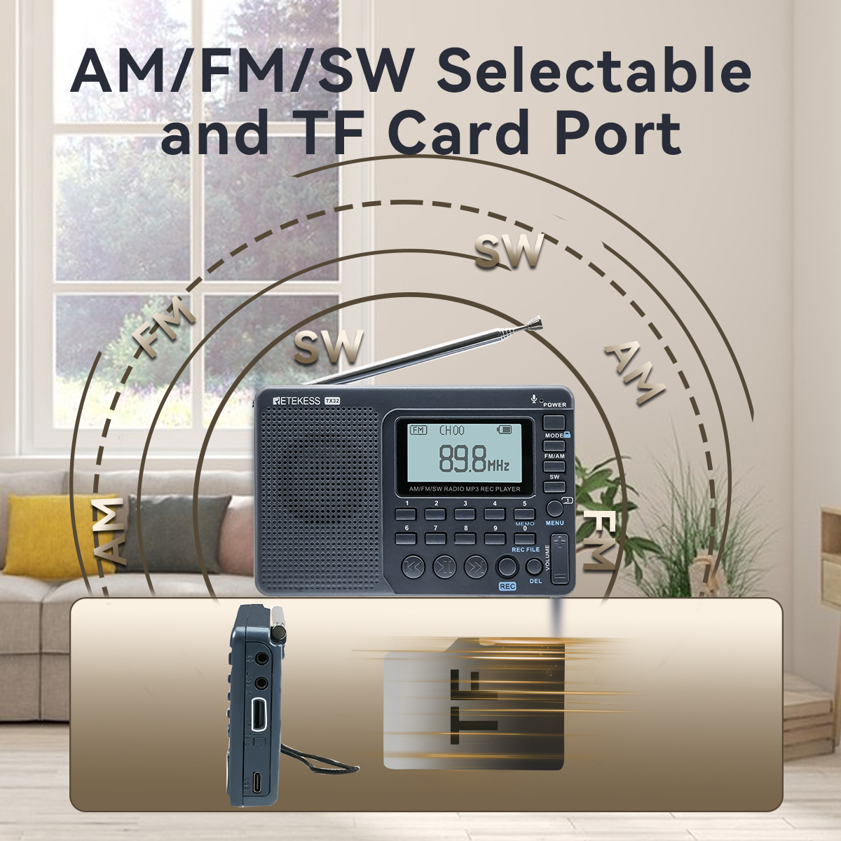 Retekess TX32 - Băng tần FM AM SW và thẻ nhớ TF