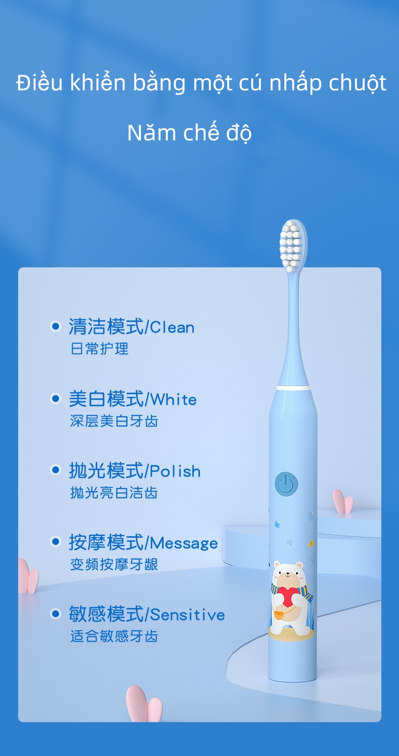 Mô tả EVEBOT Bàn chải đánh răng điện trẻ em, Bàn chải đánh răng lông mềm rung siêu âm, Vệ sinh răng miệng, Chống nước IPX7, Sạc USB, 5 cấp độ có thể điều chỉnh - 7