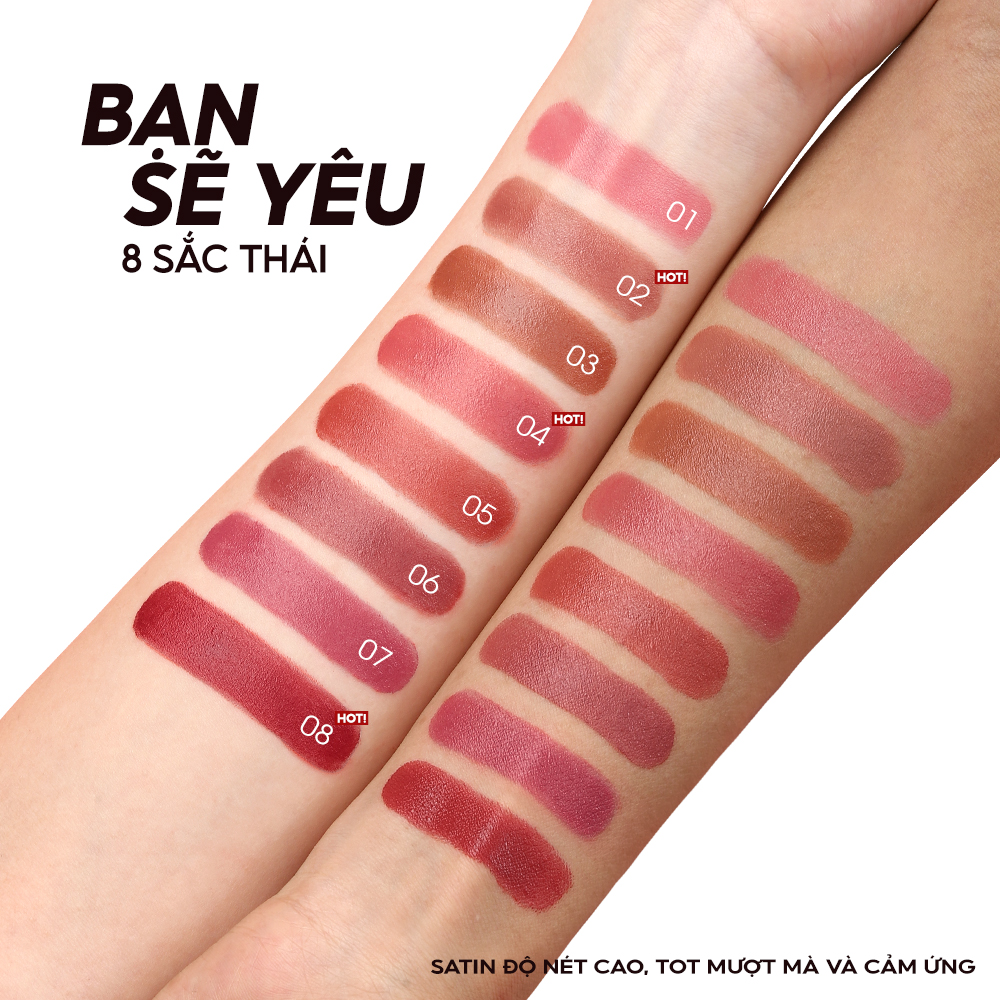 Mô tả O.two.o Son Môi Satin Dưỡng Ẩm Mềm Mượt & Tinh Chất Bóng Dưỡng Ẩm Lâu Dài Không Dính Môi 3.8g - 10