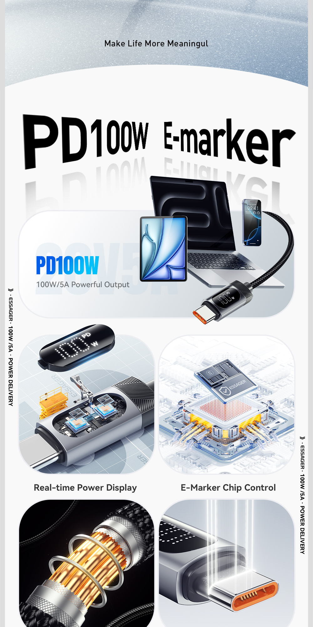 Mô tả Essager Cáp sạc nhanh Usb-A / Type-C sang Type-C Dòng điện cao Chip đánh dấu điện tử nâng cấp cho IP / Android - 2