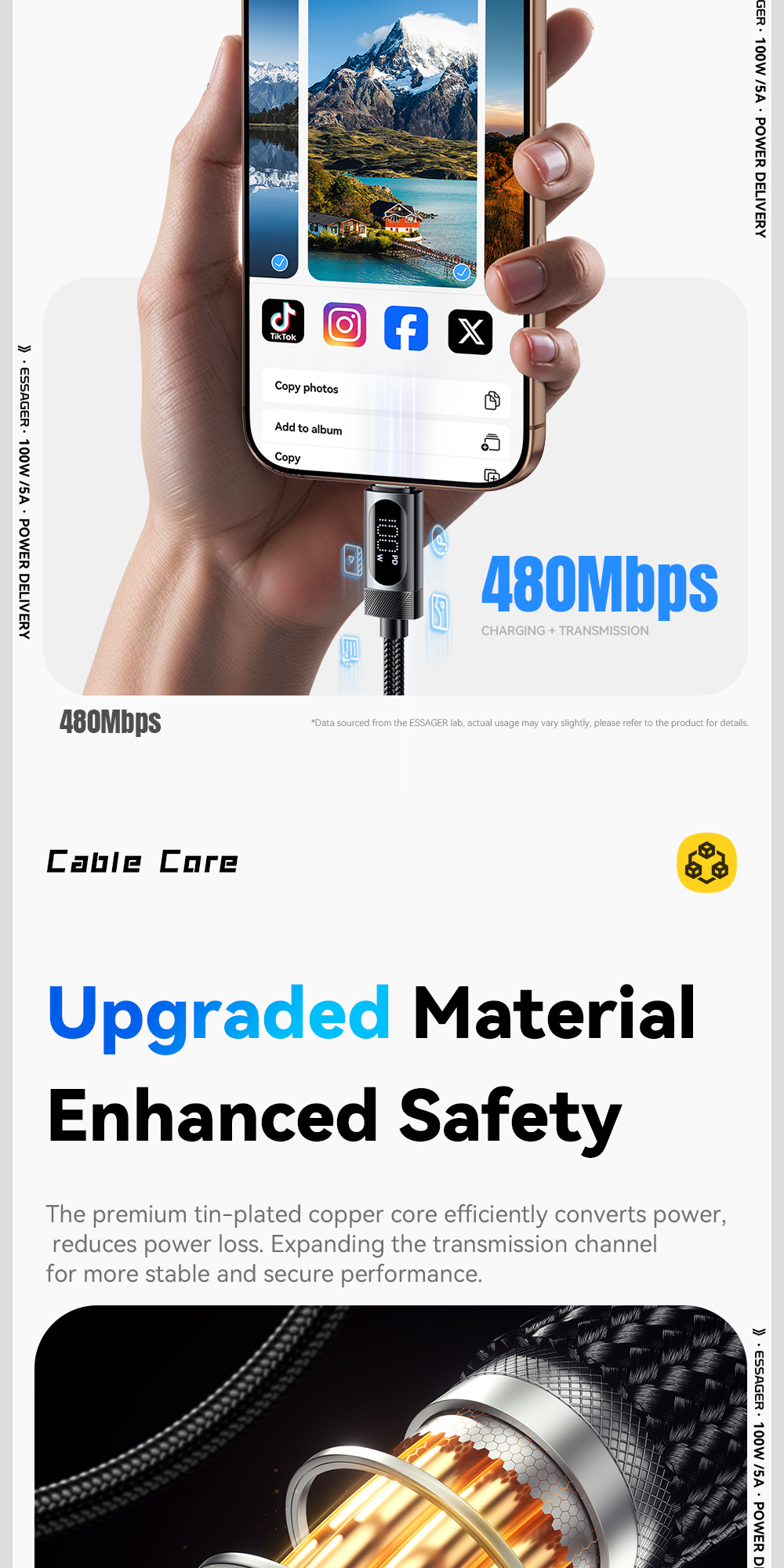 Mô tả Essager Cáp sạc nhanh Usb-A / Type-C sang Type-C Dòng điện cao Chip đánh dấu điện tử nâng cấp cho IP / Android - 9