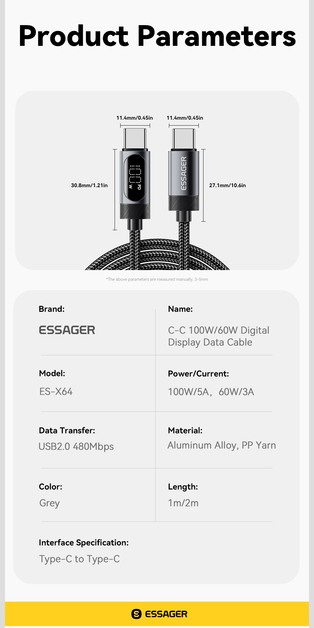 Mô tả Essager Cáp sạc nhanh Usb-A / Type-C sang Type-C Dòng điện cao Chip đánh dấu điện tử nâng cấp cho IP / Android - 12