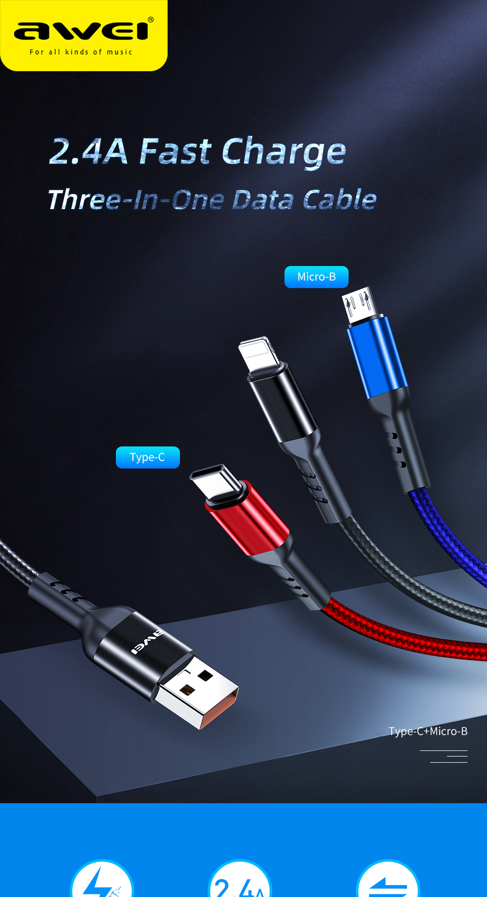 Mô tả Dây Sạc 3 đầu sạc nhanh Awei CL-971 120W Dây Sạc Đa Năng 1m dây sạc type c iP Micro - 1