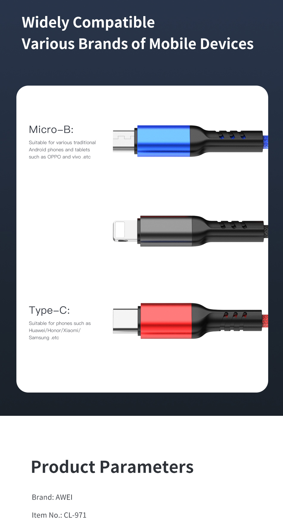 Mô tả Dây Sạc 3 đầu sạc nhanh Awei CL-971 120W Dây Sạc Đa Năng 1m dây sạc type c iP Micro - 5