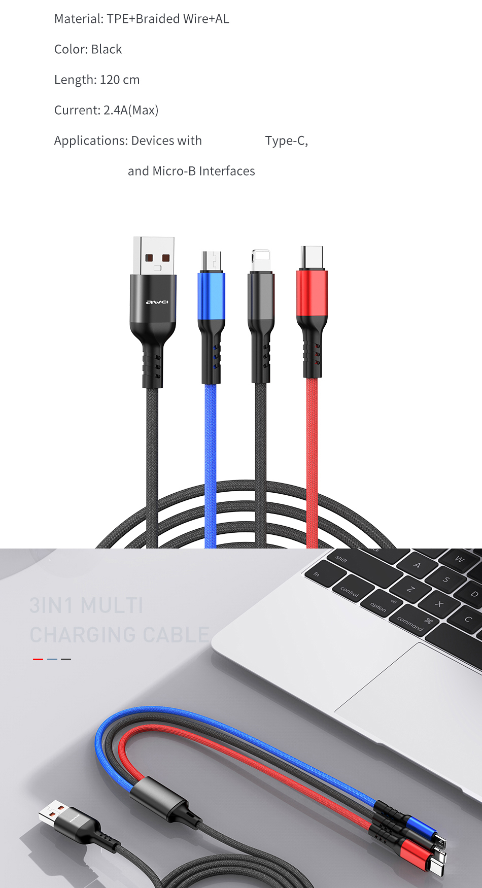 Mô tả Dây Sạc 3 đầu sạc nhanh Awei CL-971 120W Dây Sạc Đa Năng 1m dây sạc type c iP Micro - 6