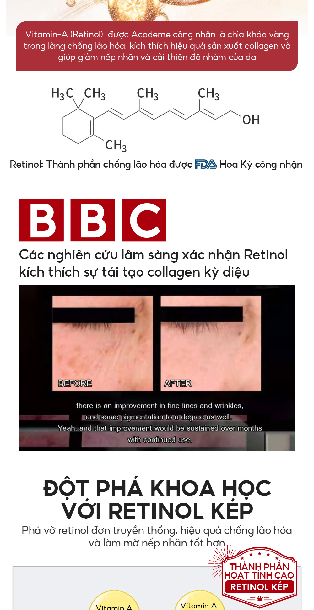 Mô tả Combo 2PCS Retinol Gấp Đôi VIBRANT GLAMOUR Chống Lão Hóa & Giảm Nếp Nhăn & Mờ Thâm & Phục Hồi Sâu & Dưỡng Ẩm Da & Bổ Sung Collagen 30ml+30g - 6