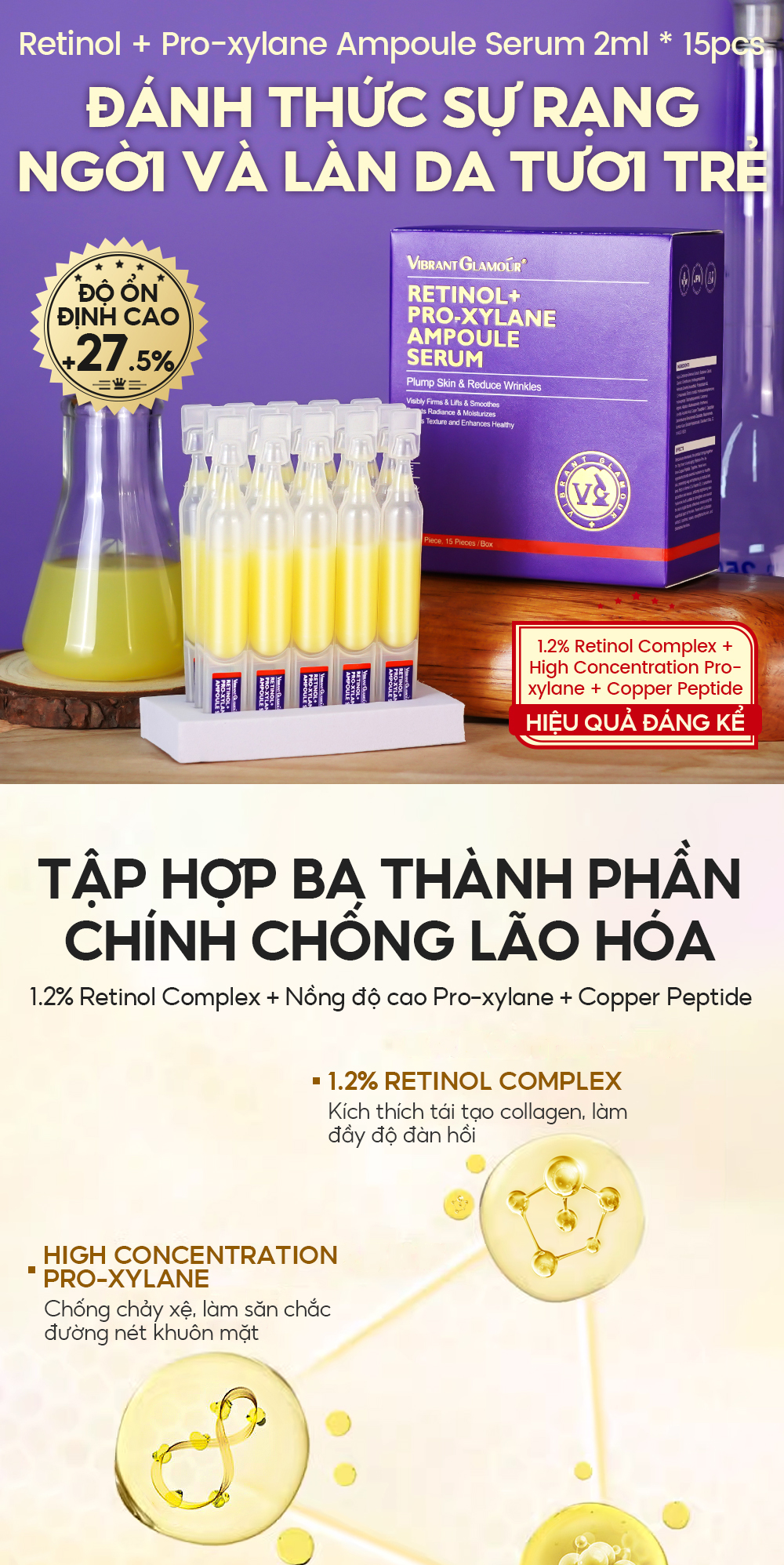 Mô tả Serum Retinol Pro-xylane 3X Chống Lão Hóa 15pcs*2ml VIBRANT GLAMOUR Làm Săn Chắc & Giảm Nếp Nhăn & Làm Mịn Da & Tăng Cường Rạng Rỡ & Dưỡng Ẩm Sâu - 1