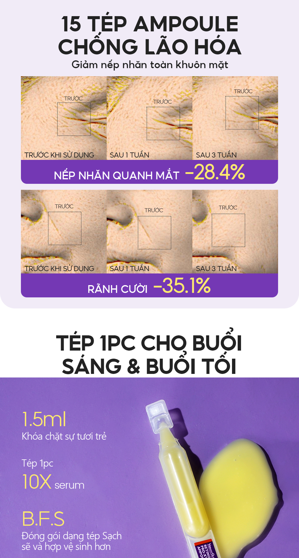 Mô tả Serum Retinol Pro-xylane 3X Chống Lão Hóa 15pcs*2ml VIBRANT GLAMOUR Làm Săn Chắc & Giảm Nếp Nhăn & Làm Mịn Da & Tăng Cường Rạng Rỡ & Dưỡng Ẩm Sâu - 9