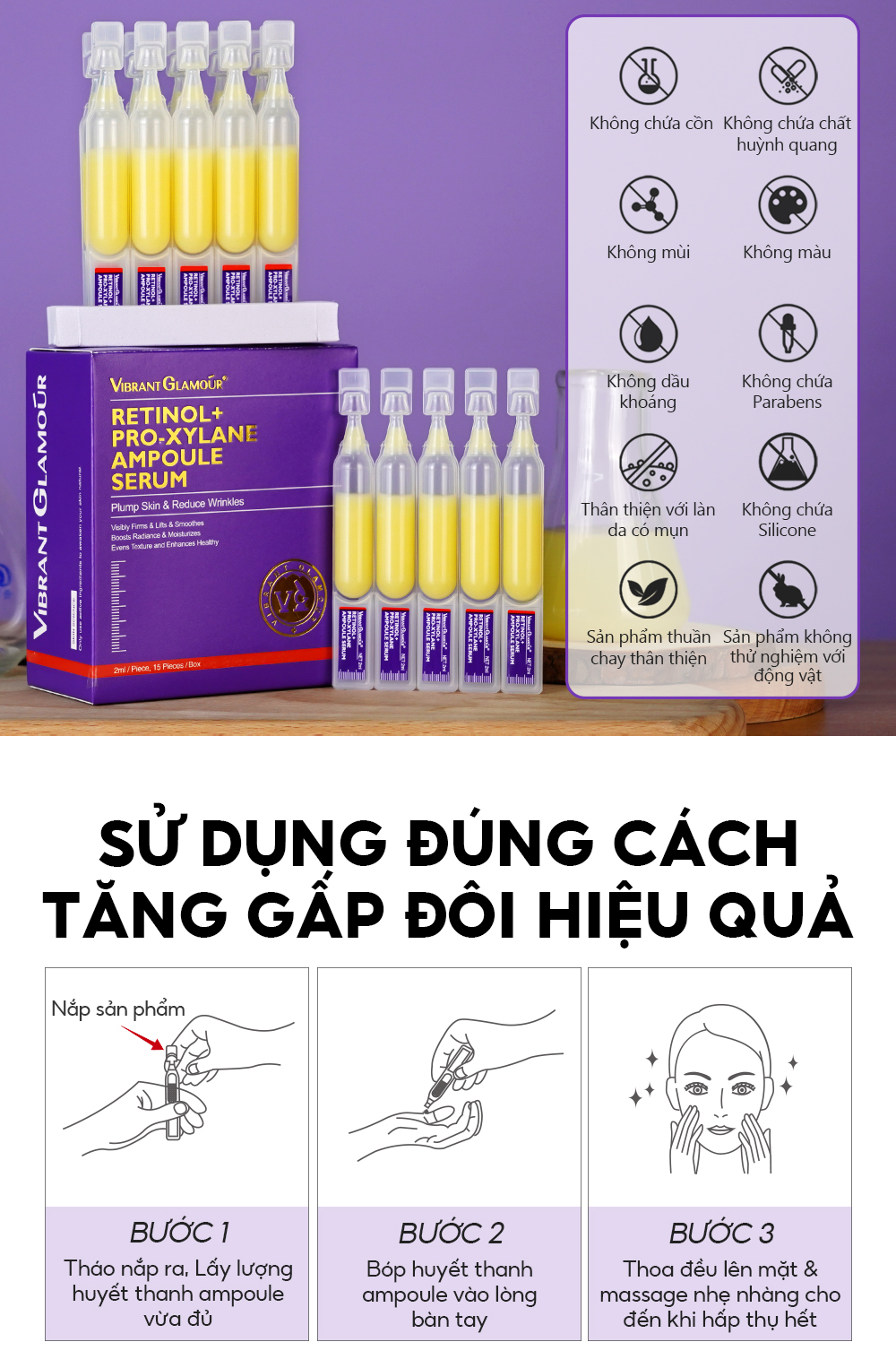 Mô tả Serum Retinol Pro-xylane 3X Chống Lão Hóa 15pcs*2ml VIBRANT GLAMOUR Làm Săn Chắc & Giảm Nếp Nhăn & Làm Mịn Da & Tăng Cường Rạng Rỡ & Dưỡng Ẩm Sâu - 12