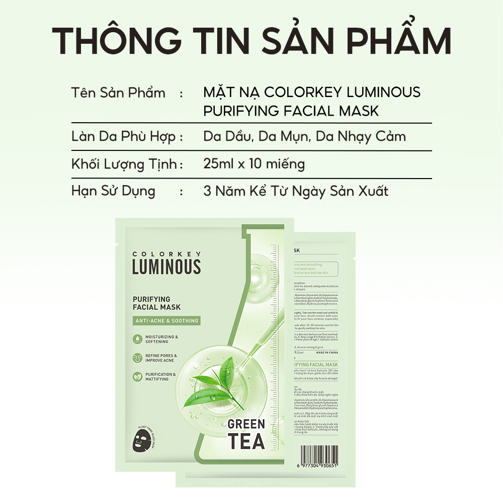 Mô tả Mặt Nạ Trà Xanh 1 Hộp 10 Miếng Mặt Nạ Giấy COLORKEY LUMINOUS BHA Hỗ Trợ Giảm Dầu Mụn 25ml/miếng - 9