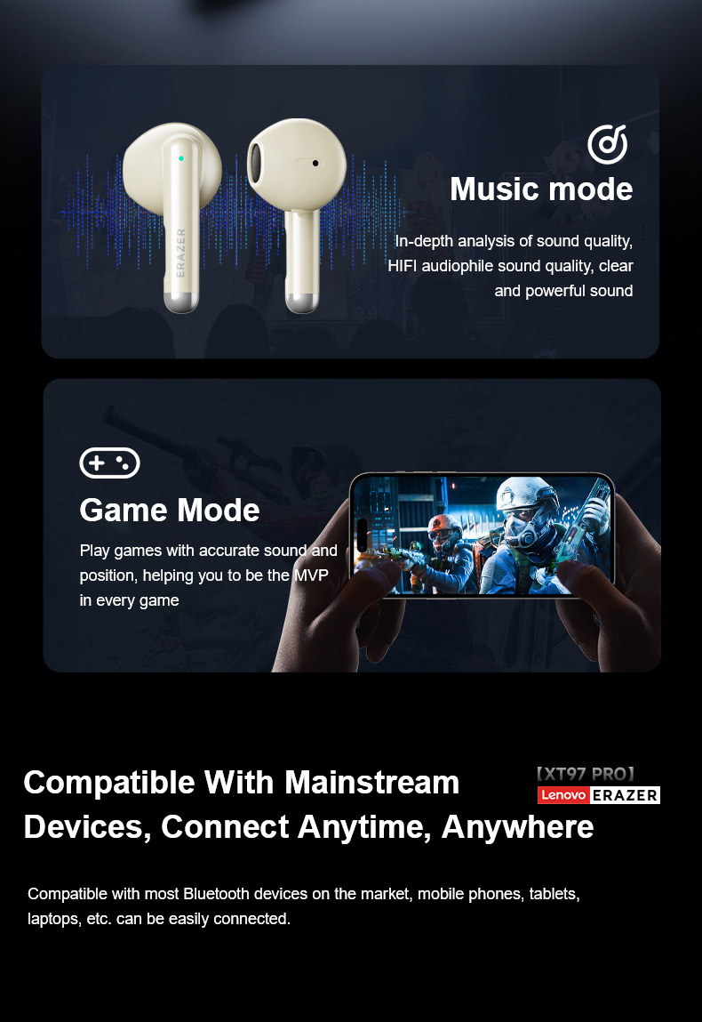 Mô tả Lenovo EARZER XT97 TWS Tai nghe không dây Tai nghe Bluetooth 5.4 Tai nghe không dây chống nước trong tai HiFi Stereo Khử tiếng ồn có micrô - 7