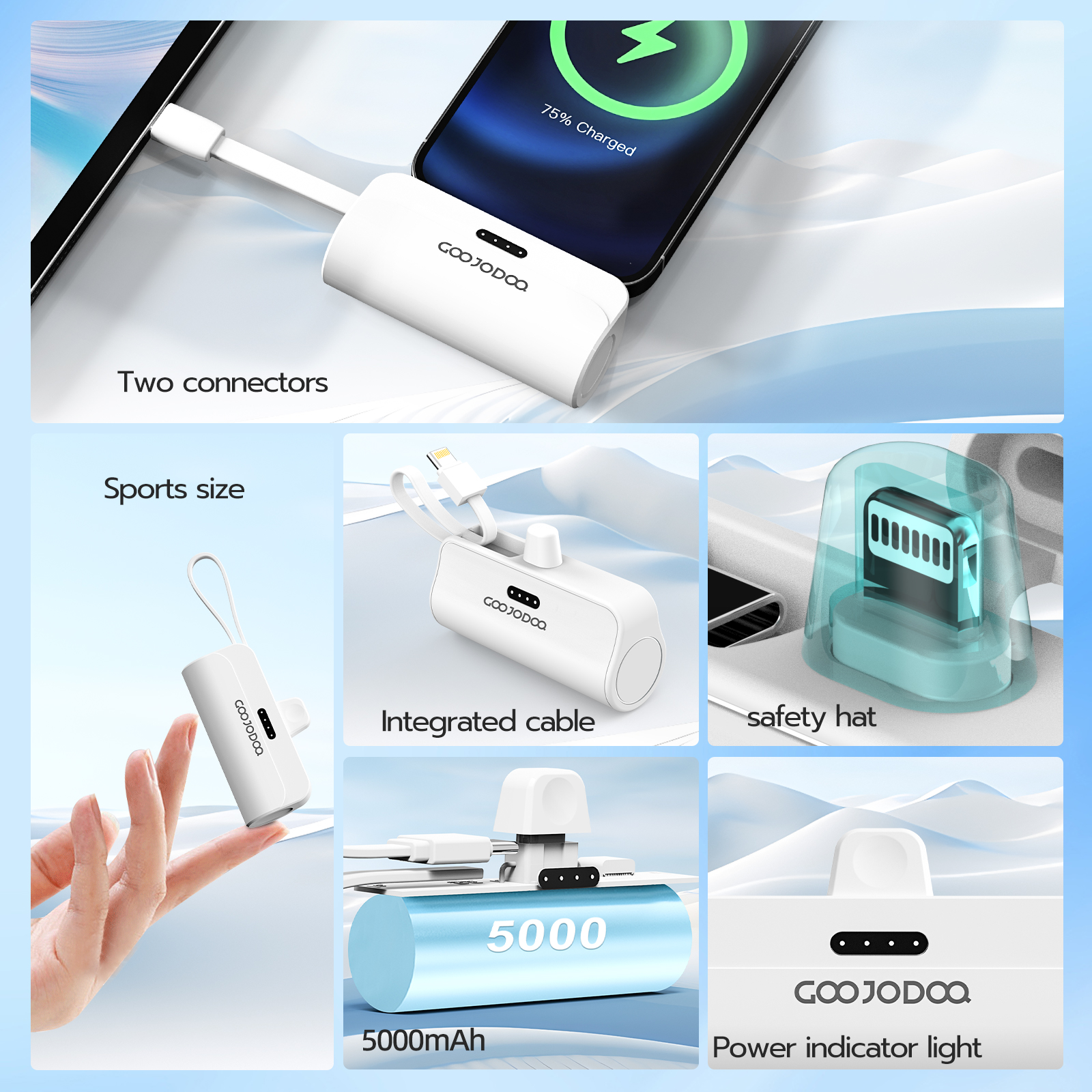 GOOJODOQ 5000mah Mini Power Bank cho iPhone Android Phone Cáp tích hợp Bộ sạc di động nhỏ gọn Lightning & Type C – ảnh mô tả chi tiết 2
