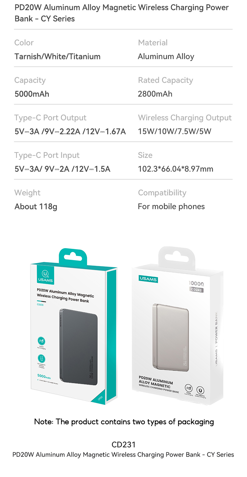 USAMS Wireless Power Bank 5000 / 10000mAh Sạc từ tính không dây Sạc nhanh USB-C Đầu vào / Ra cho iP18 17 16 15 14 13 12 Series – ảnh mô tả chi tiết 12