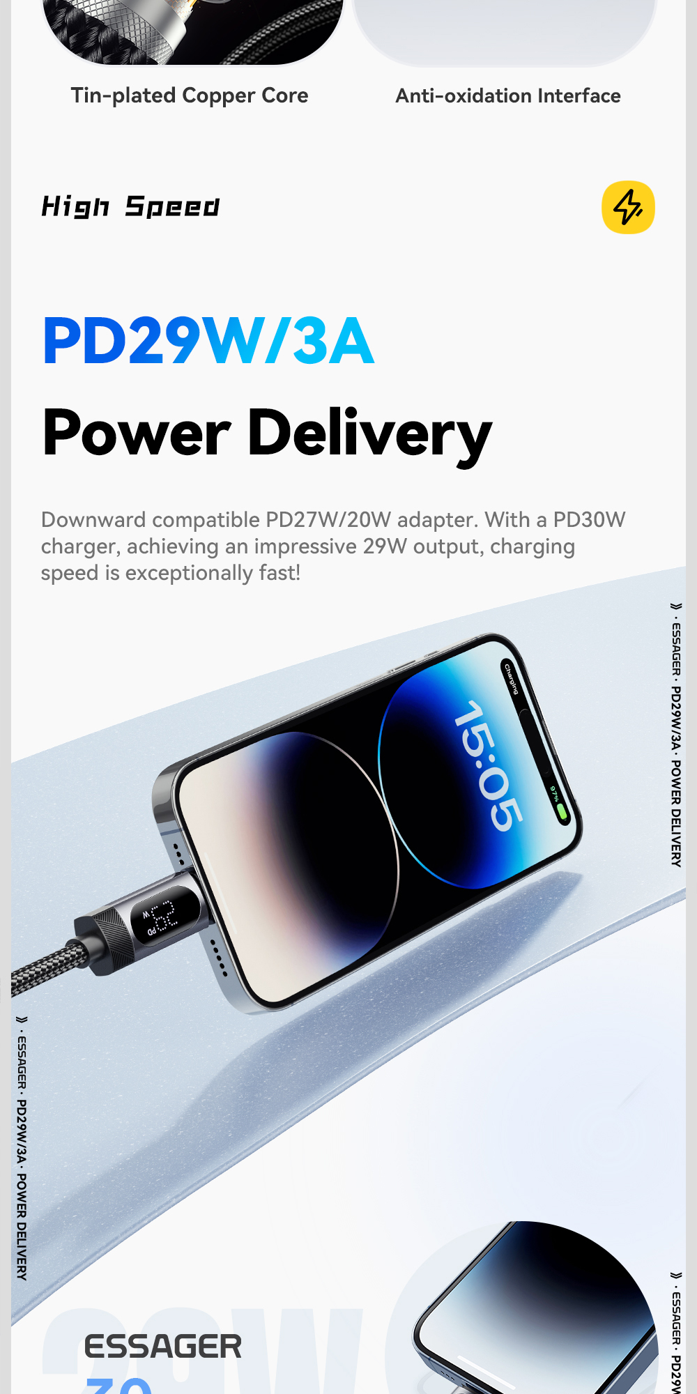 Mô tả Cáp dữ liệu sạc nhanh Essager USB-C sang L 29W Công suất hiển thị kỹ thuật số - 3