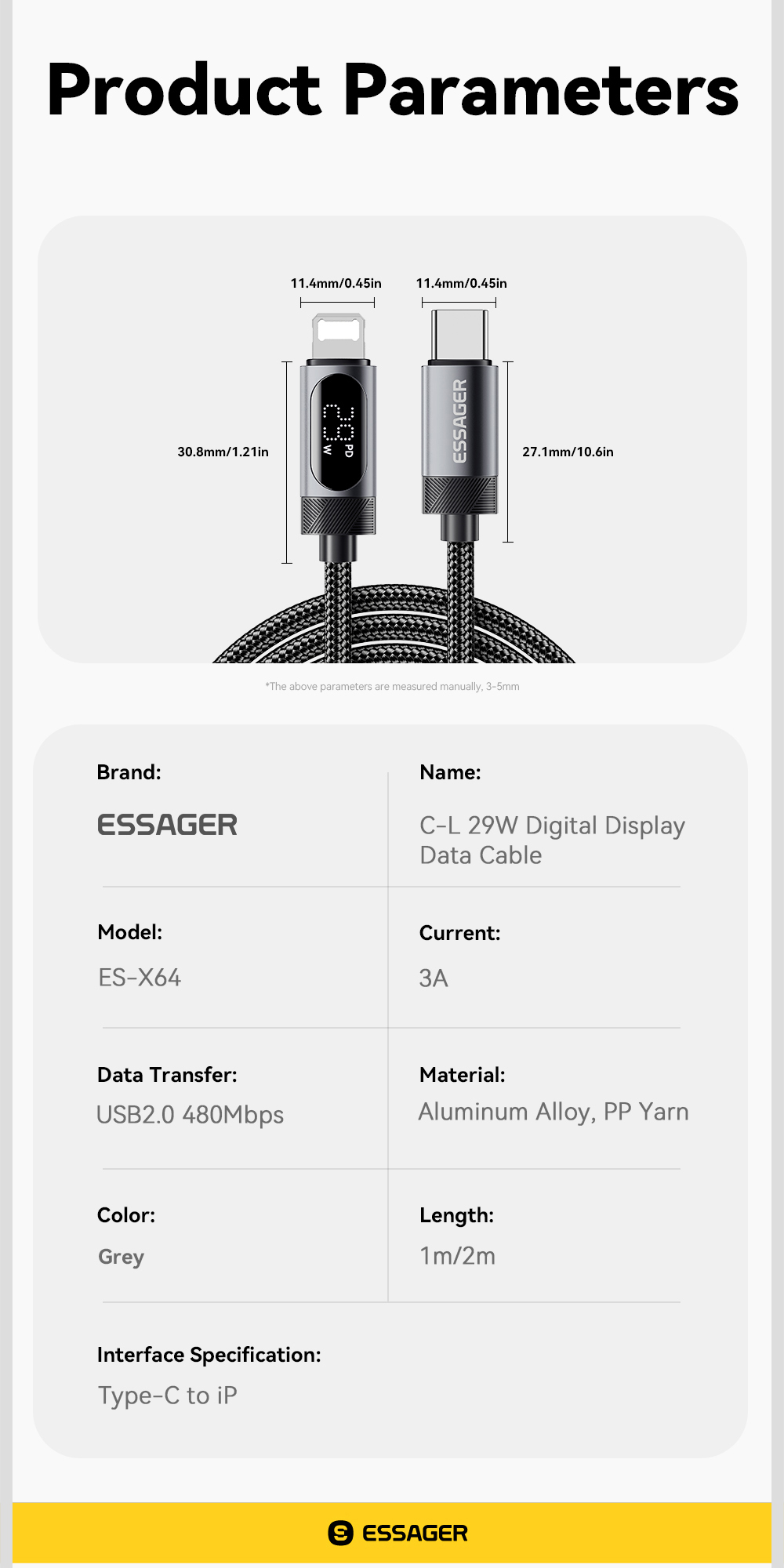 Mô tả Cáp dữ liệu sạc nhanh Essager USB-C sang L 29W Công suất hiển thị kỹ thuật số - 12