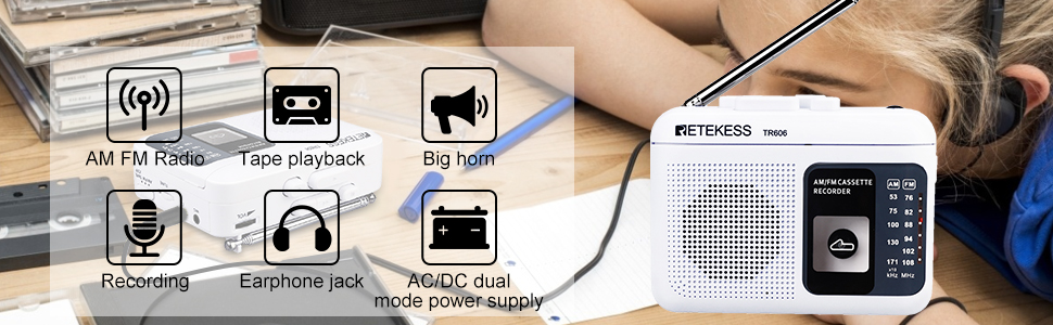 Mô tả Retekess TR606 New Color Cassette Play Radio FM / AM Radio di động - 2