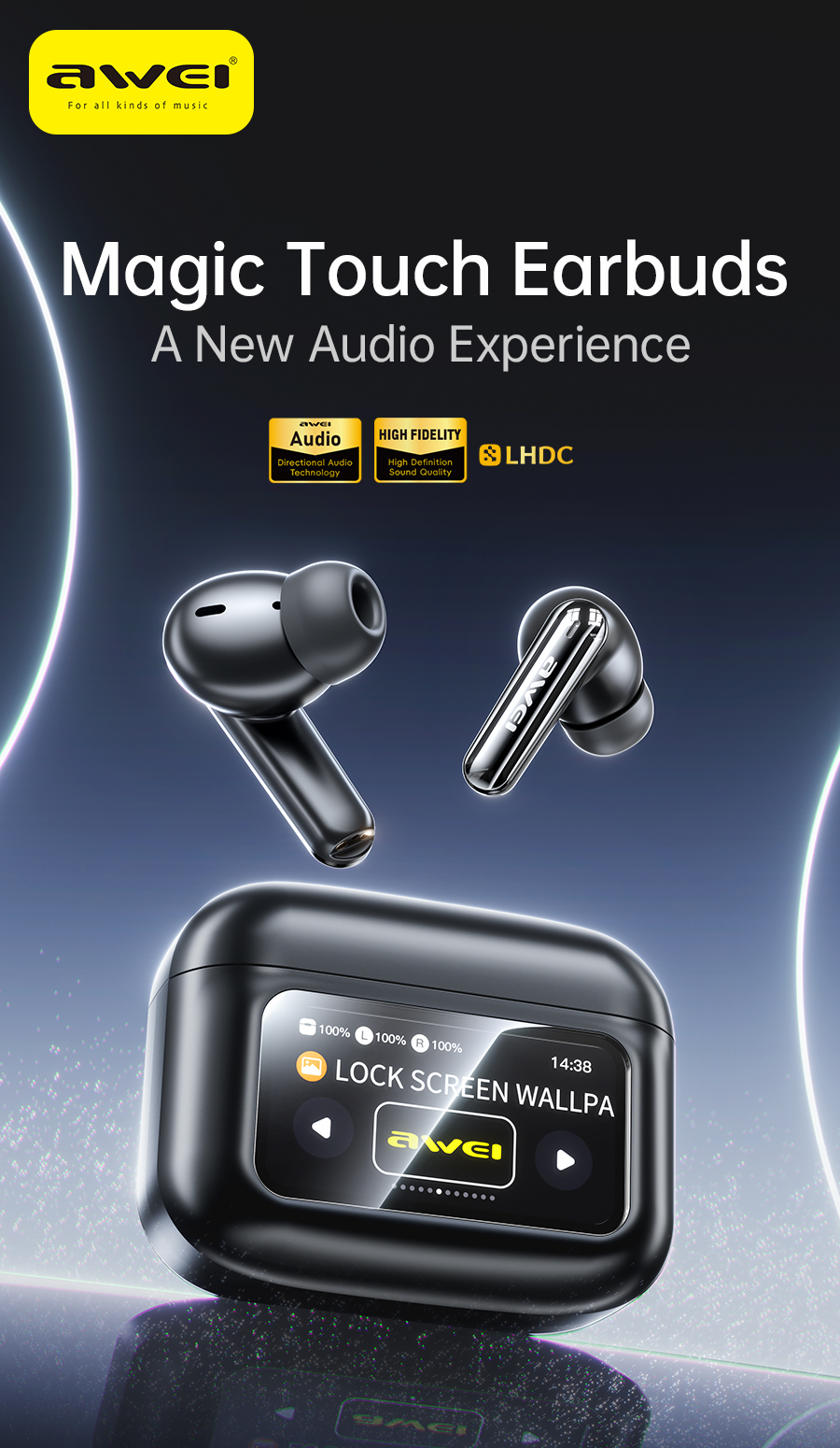 Mô tả Tai nghe Bluetooth Awei T56 chống ồn ANC+ENC màn hình cảm ứng thông minh có Mic HD chính hãng - 2