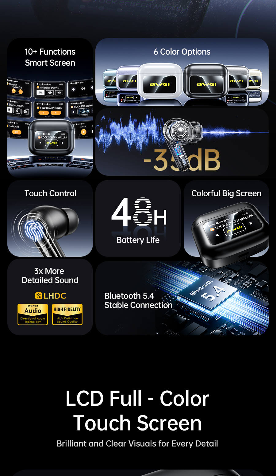 Mô tả Tai nghe Bluetooth Awei T56 chống ồn ANC+ENC màn hình cảm ứng thông minh có Mic HD chính hãng - 3