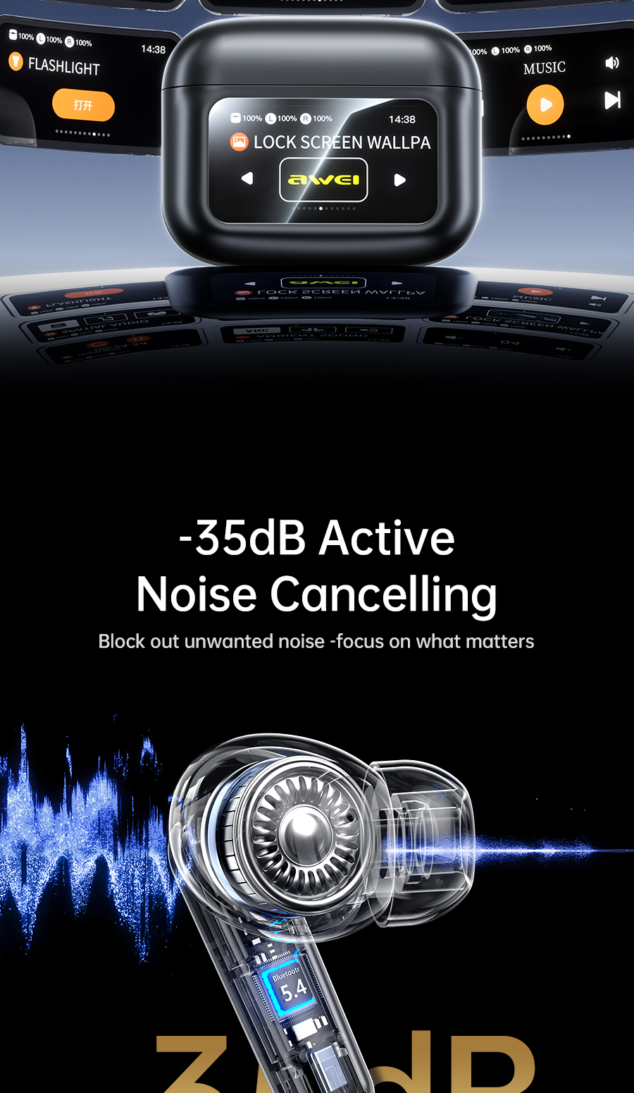 Mô tả Tai nghe Bluetooth Awei T56 chống ồn ANC+ENC màn hình cảm ứng thông minh có Mic HD chính hãng - 5