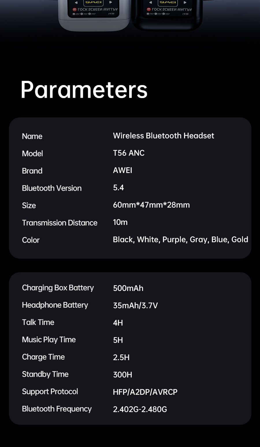 Mô tả Tai nghe Bluetooth Awei T56 chống ồn ANC+ENC màn hình cảm ứng thông minh có Mic HD chính hãng - 12