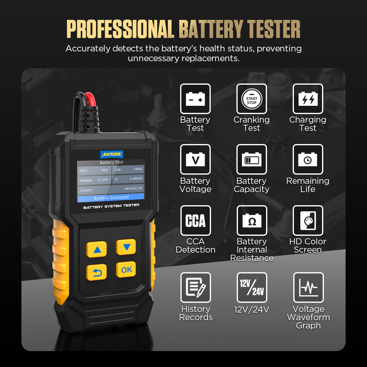 Mô tả AUTOOL BT360 12V Kiểm Tra Pin Kỹ Thuật Số Ô Tô Chẩn Đoán Kiểm Tra Pin Máy Phân Tích Xe Cranking Sạc Máy Quét - 2