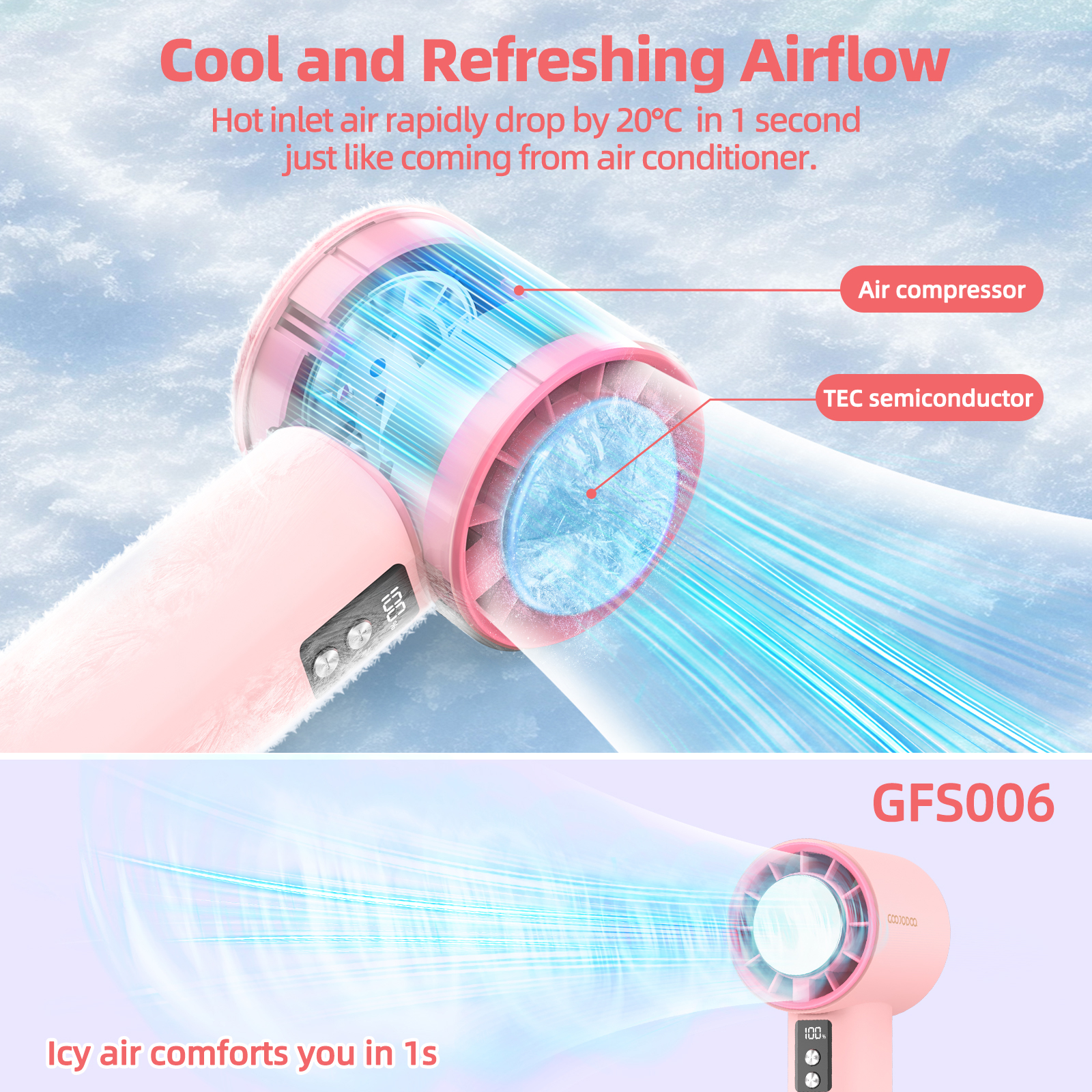 Mô tả Quạt cầm tay GOOJODOQ 10x Tăng cường sức gió 100 cấp Độ điều chỉnh tốc độ Máy nén lạnh - 6