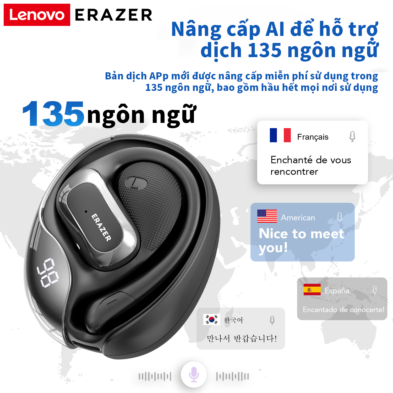 Mô tả Lenovo ERAZER X5 Al Thông Minh Thời Gian Thực Dịch Tai Nghe Không Dây Mở Tai Bluetooth 5.4 Có Màn Hình LED Tai Nghe Kinh Doanh Có Mic Chống Thấm Nước IPX5 - 1