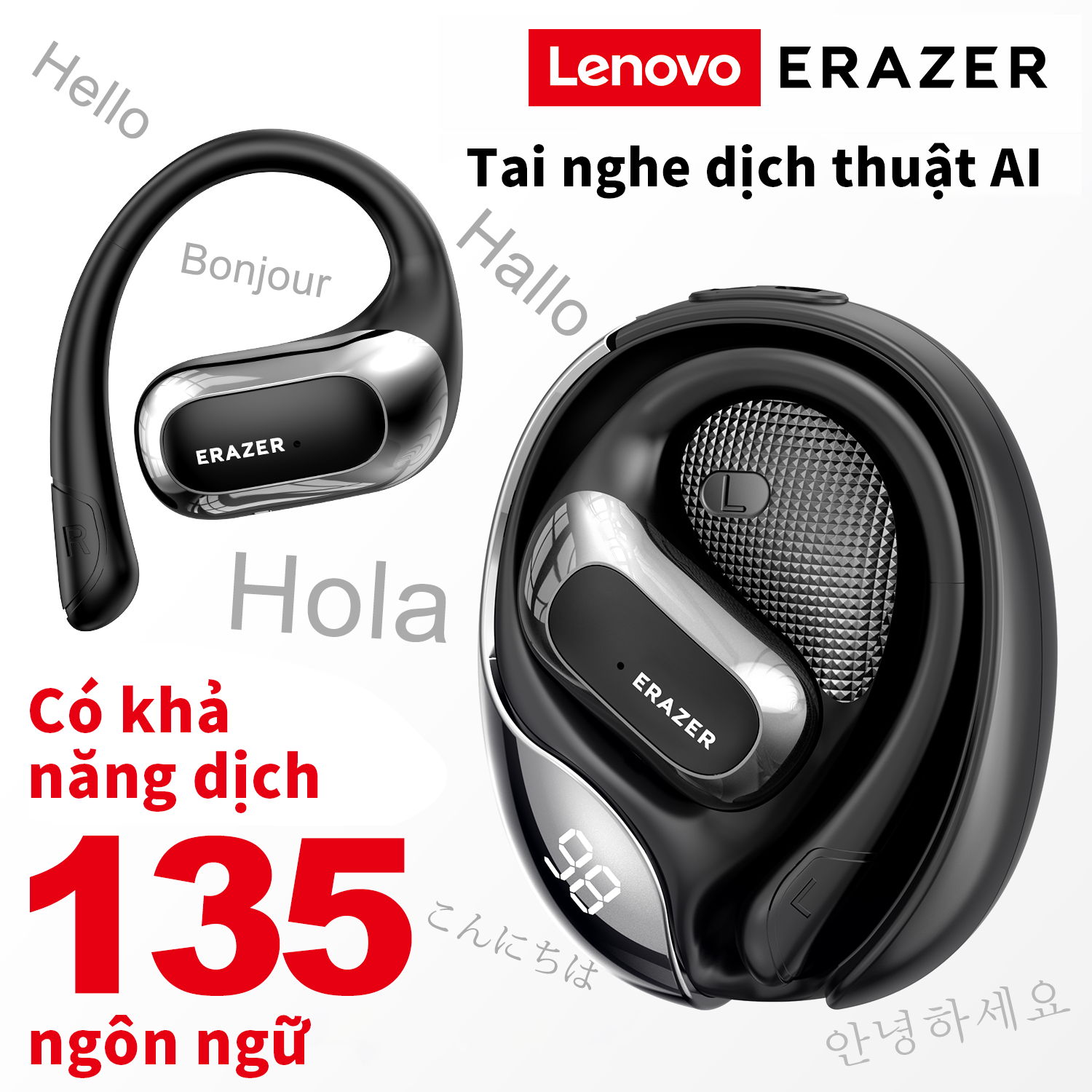 Mô tả Lenovo ERAZER X5 Al Thông Minh Thời Gian Thực Dịch Tai Nghe Không Dây Mở Tai Bluetooth 5.4 Có Màn Hình LED Tai Nghe Kinh Doanh Có Mic Chống Thấm Nước IPX5 - 2