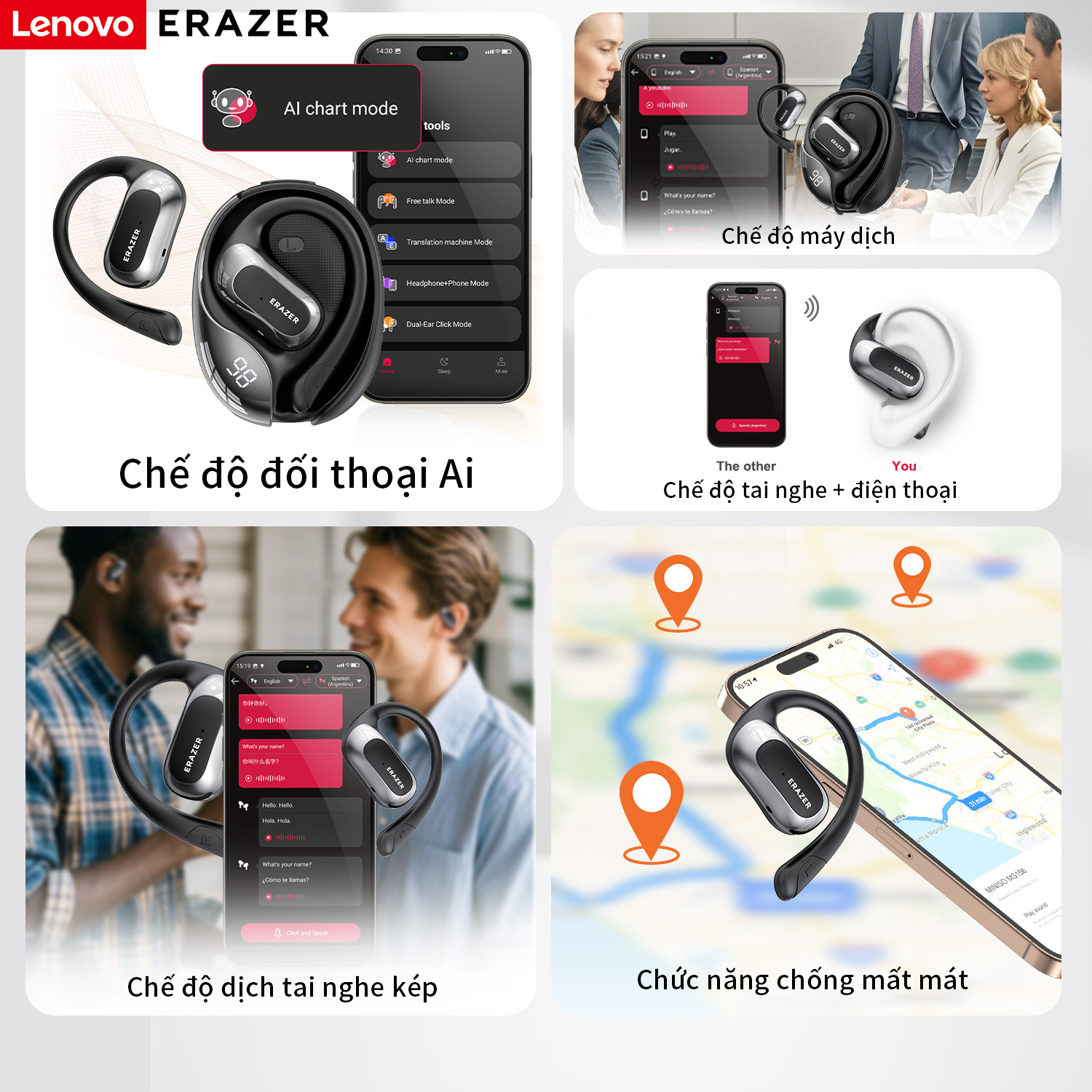 Mô tả Lenovo ERAZER X5 Al Thông Minh Thời Gian Thực Dịch Tai Nghe Không Dây Mở Tai Bluetooth 5.4 Có Màn Hình LED Tai Nghe Kinh Doanh Có Mic Chống Thấm Nước IPX5 - 3