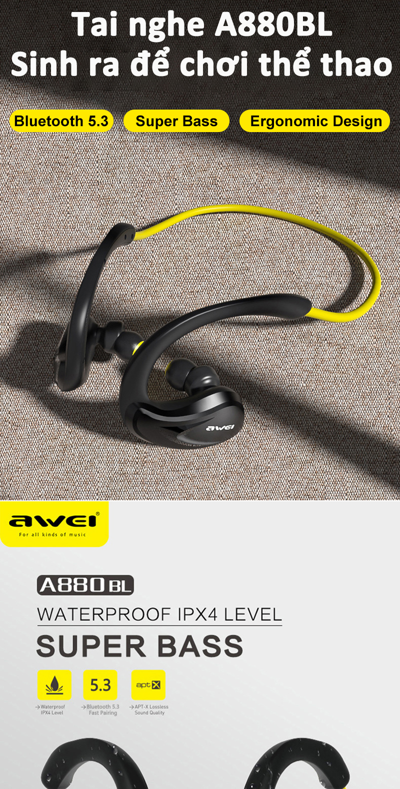 Mô tả Tai nghe Bluetooth đeo cổ Awei A880BL thể thao chạy bộ, tai bịt, ipx4 Chống Nước super bass - 2