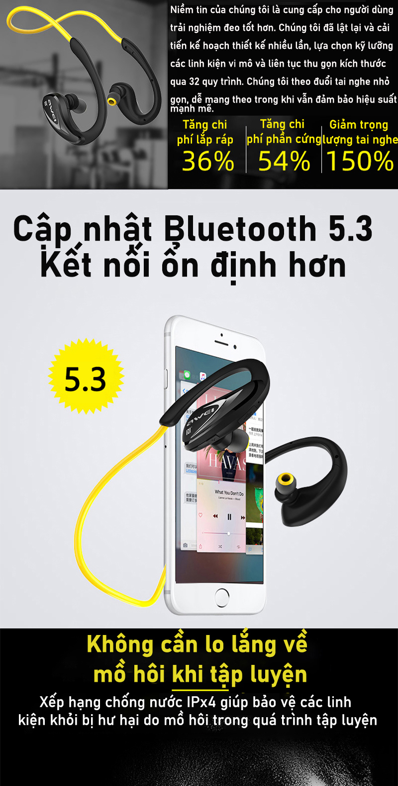 Mô tả Tai nghe Bluetooth đeo cổ Awei A880BL thể thao chạy bộ, tai bịt, ipx4 Chống Nước super bass - 5