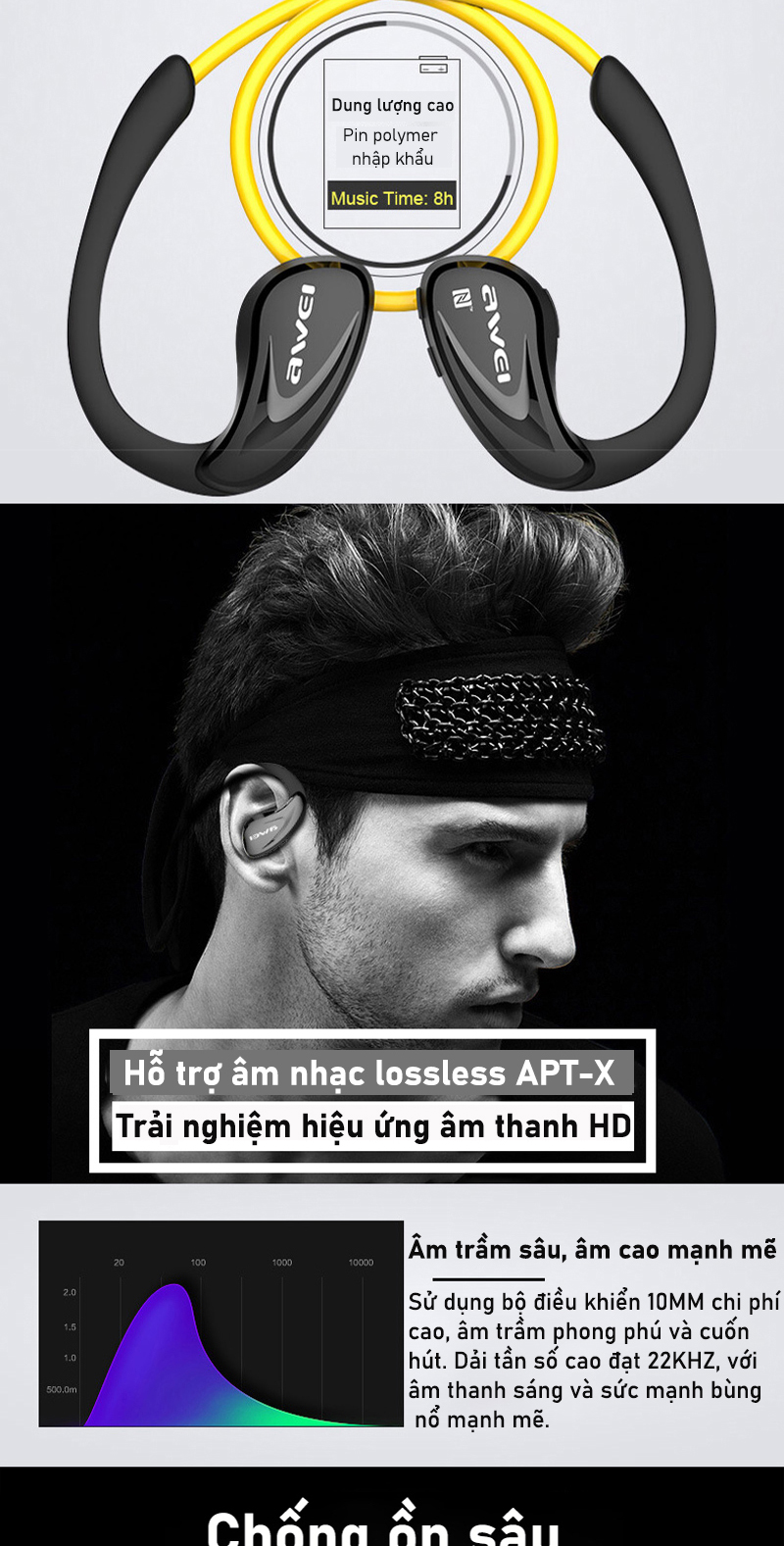Mô tả Tai nghe Bluetooth đeo cổ Awei A880BL thể thao chạy bộ, tai bịt, ipx4 Chống Nước super bass - 8